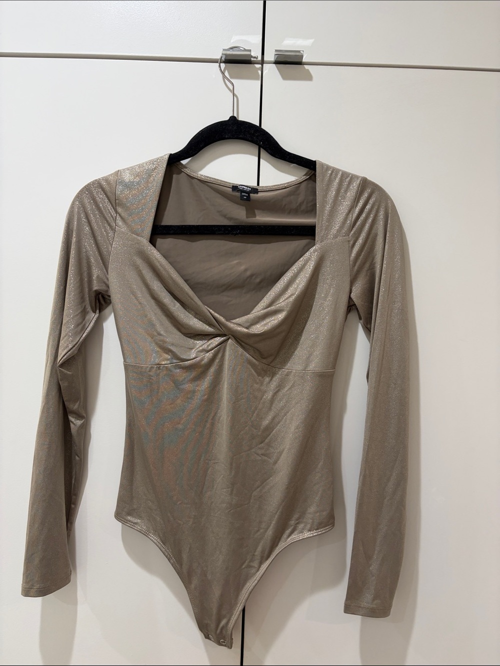 Shimmery Taupe Twist-Front Long Sleeve Bodysuit